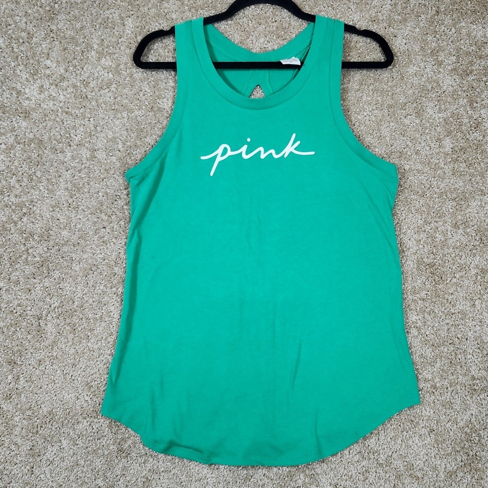 PINK‎ Tank Top Green Script Logo Open Back Cutout Casual Sporty Small
